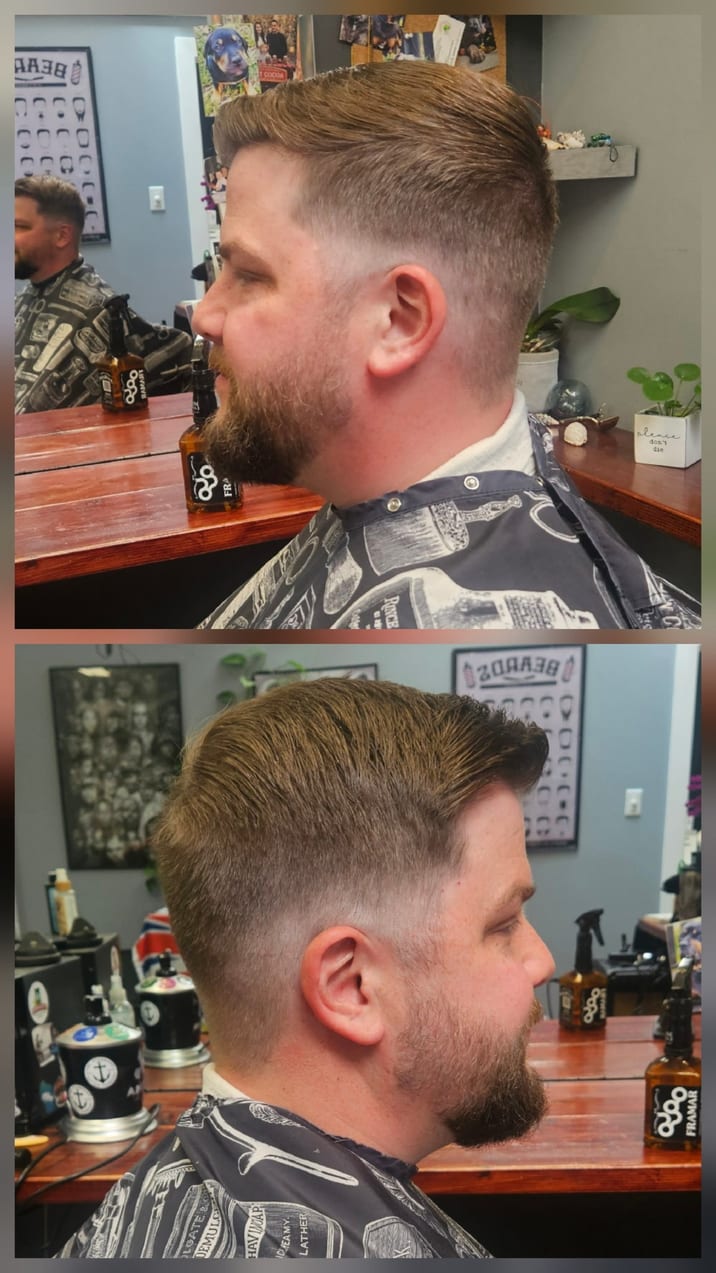 Two views of a finished taper and beard on the same client
