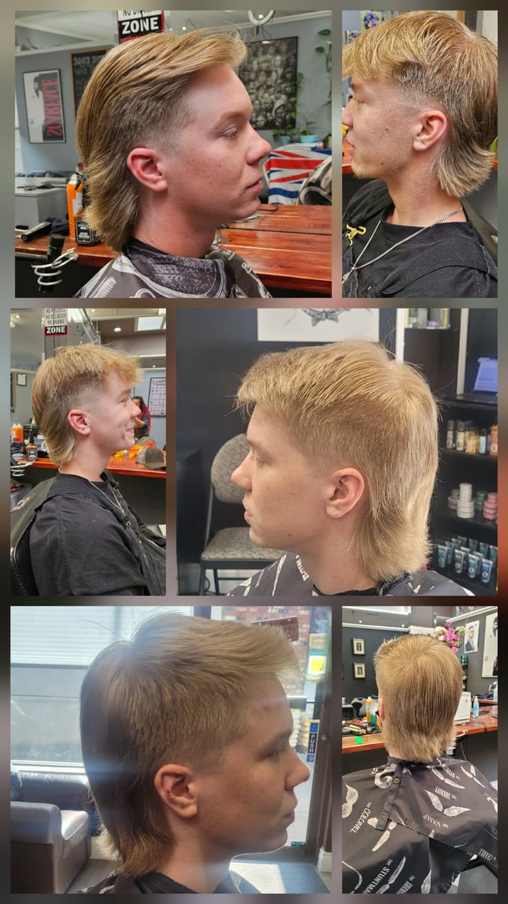 Six views of a long textured mullet cut, front, side and back